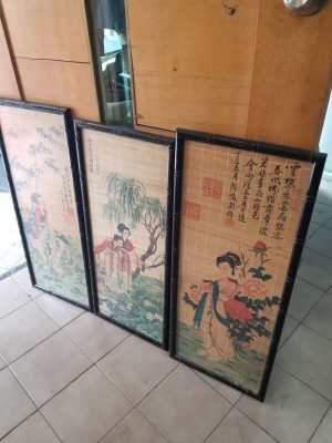 Trio de cuadros orientales doble vidrio y bambú, perfecto estado